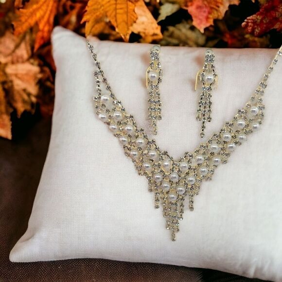 Fancy Rhinestone Pearl Jewelry Set Dangle Earrings Classic Wedding Bridal Bride - Picture 1 of 11